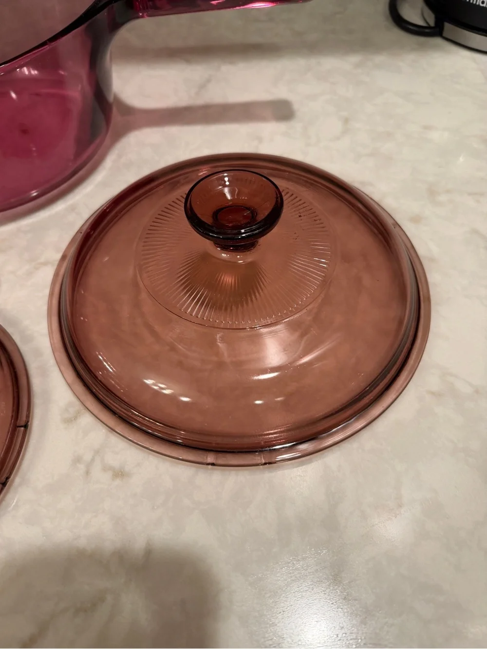 RARE! Vintage Visions Cranberry Saucepans with Lids- Set of 2